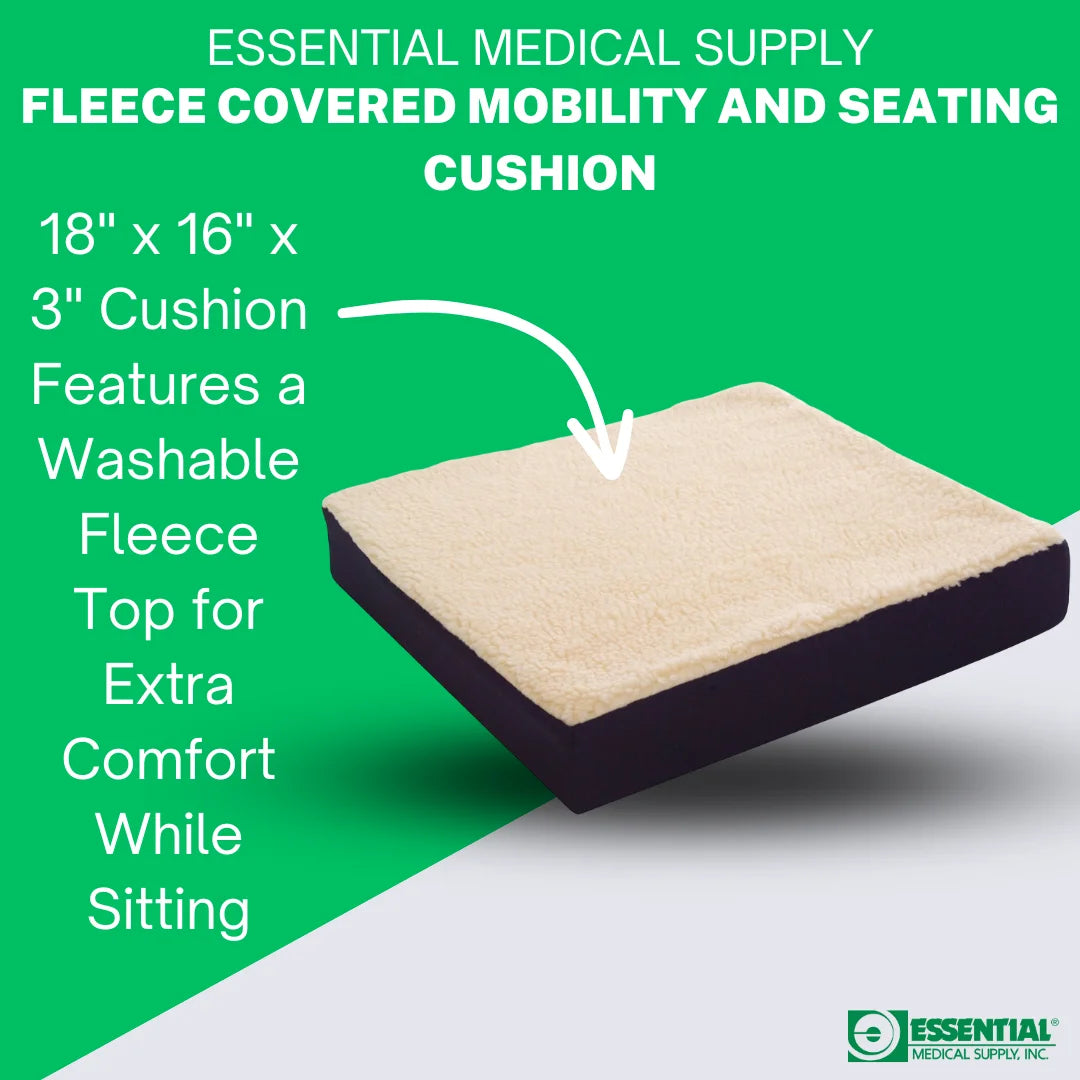 Fleece-covered mobility and seating cushion with product details on a green background

