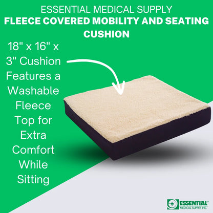 Fleece-covered mobility and seating cushion with product details on a green background

