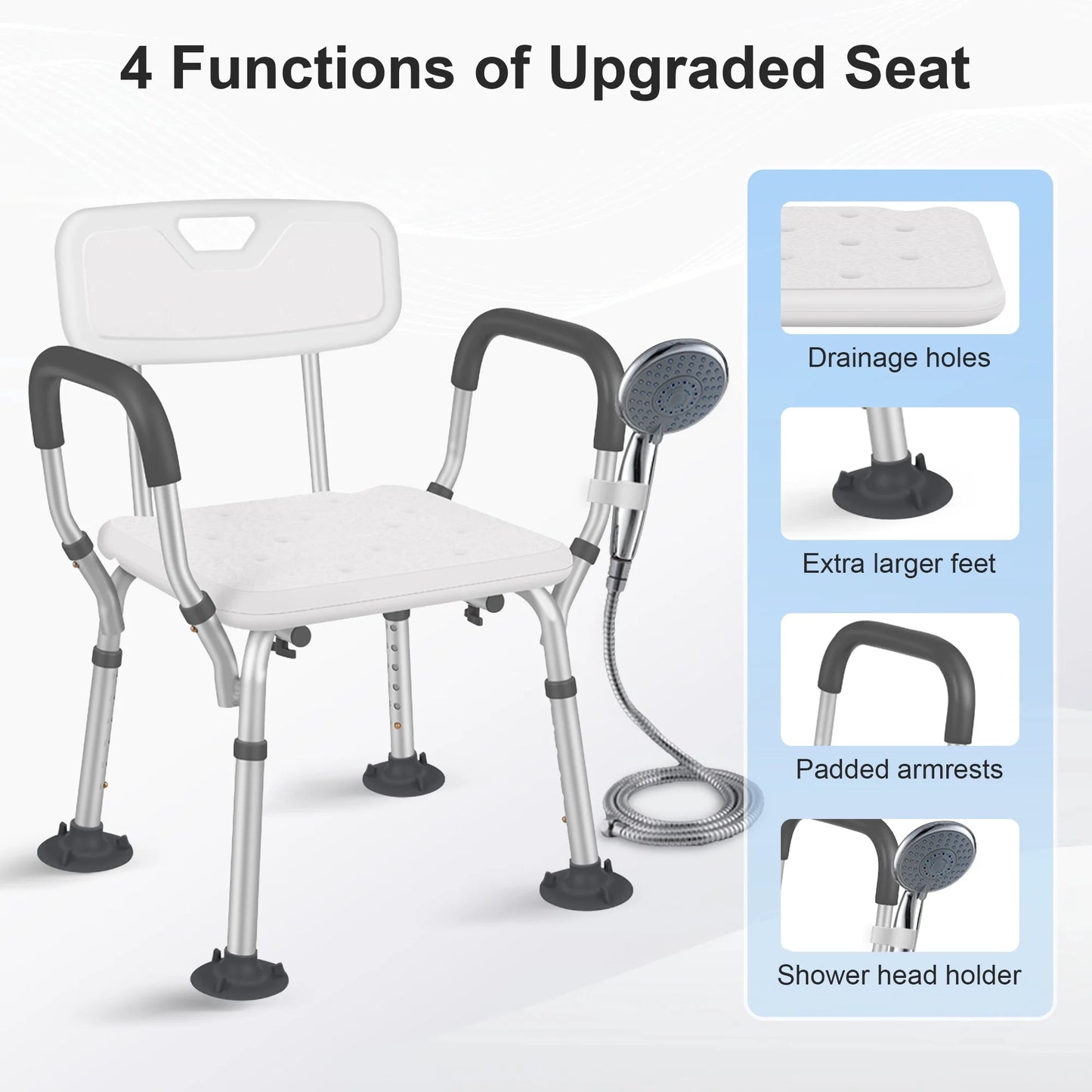 Chair with shower head and features highlighted on a white background

