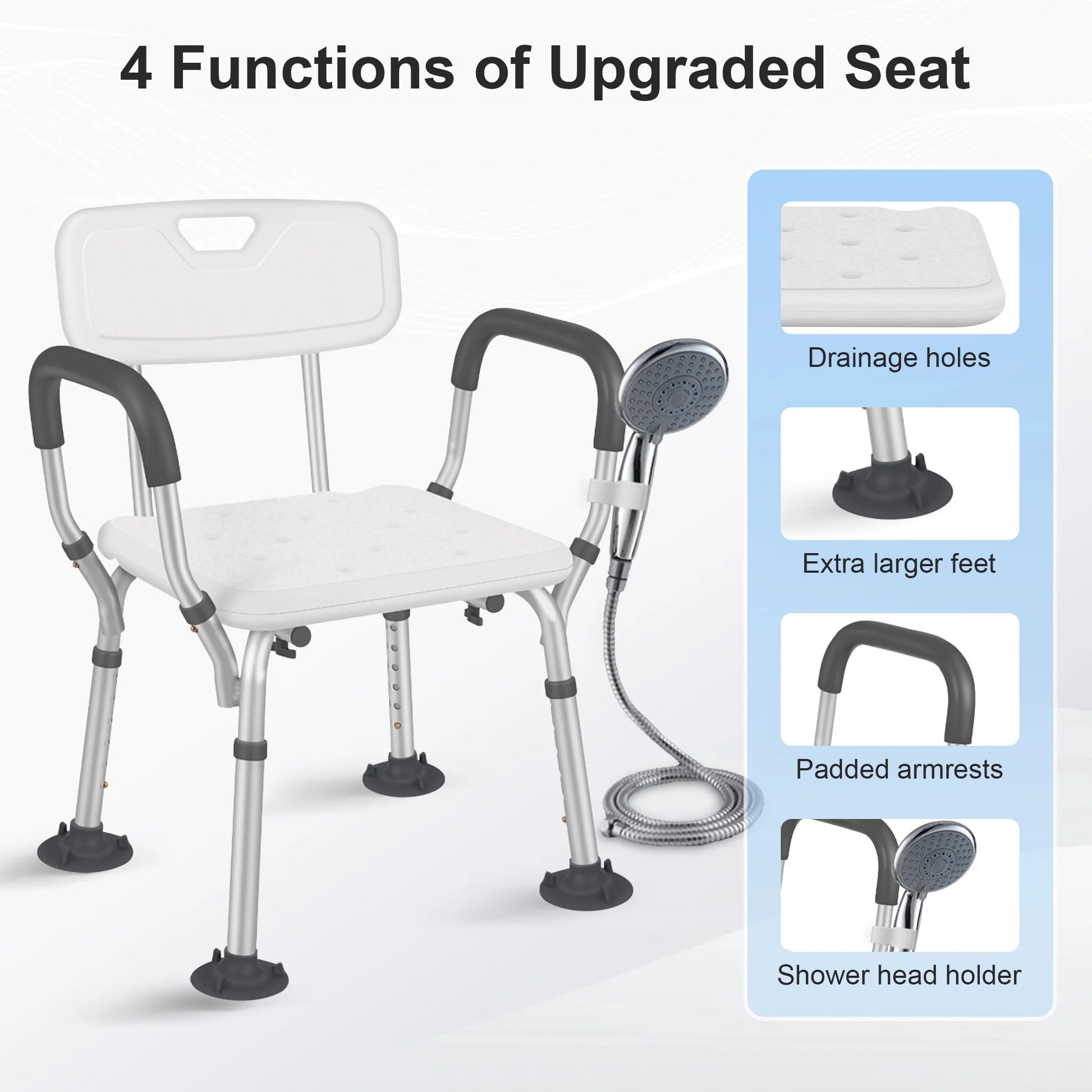 Chair with shower head and features highlighted on a white background

