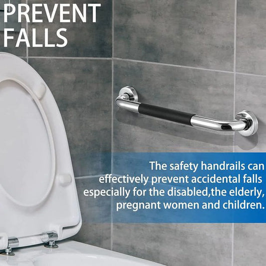 Safety grab bar in a bathroom setting with text about preventing falls.

