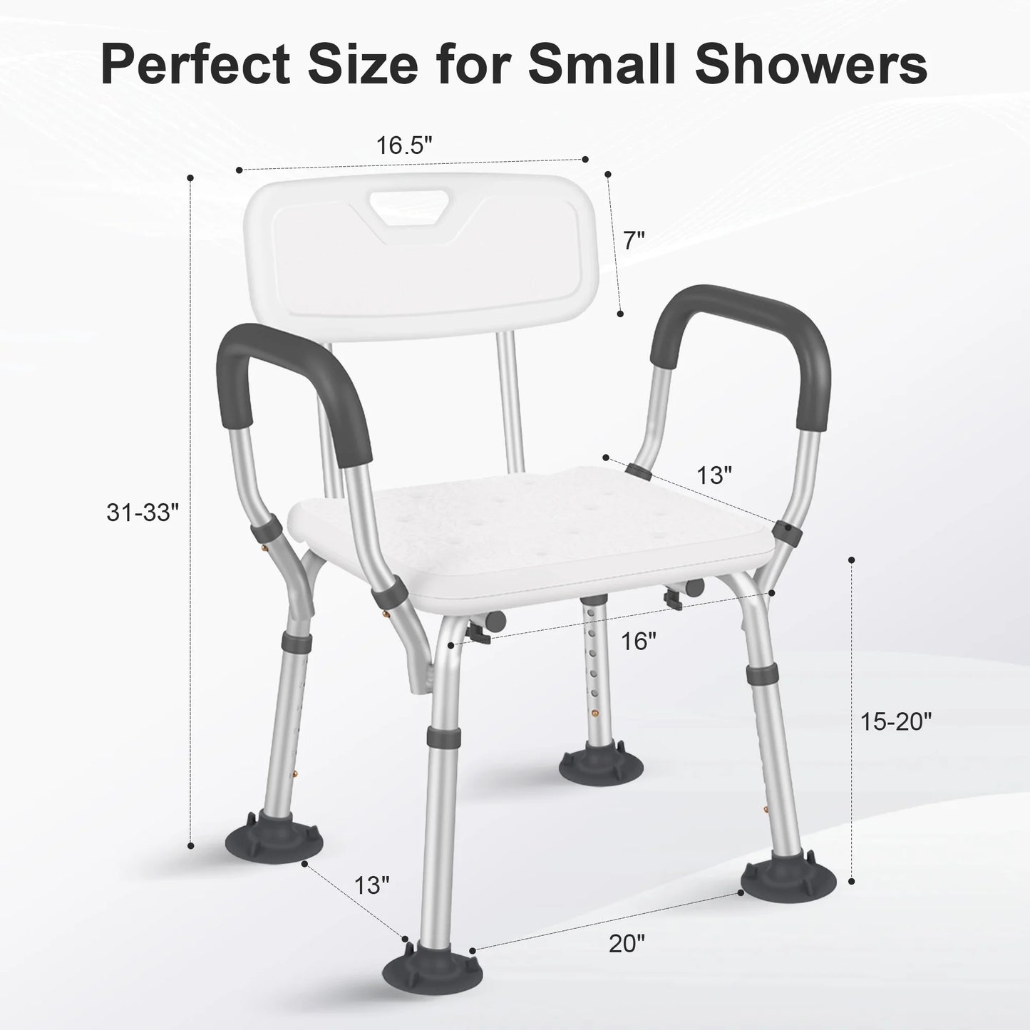 Measurement chart of a shower chair with dimensions on a white background

