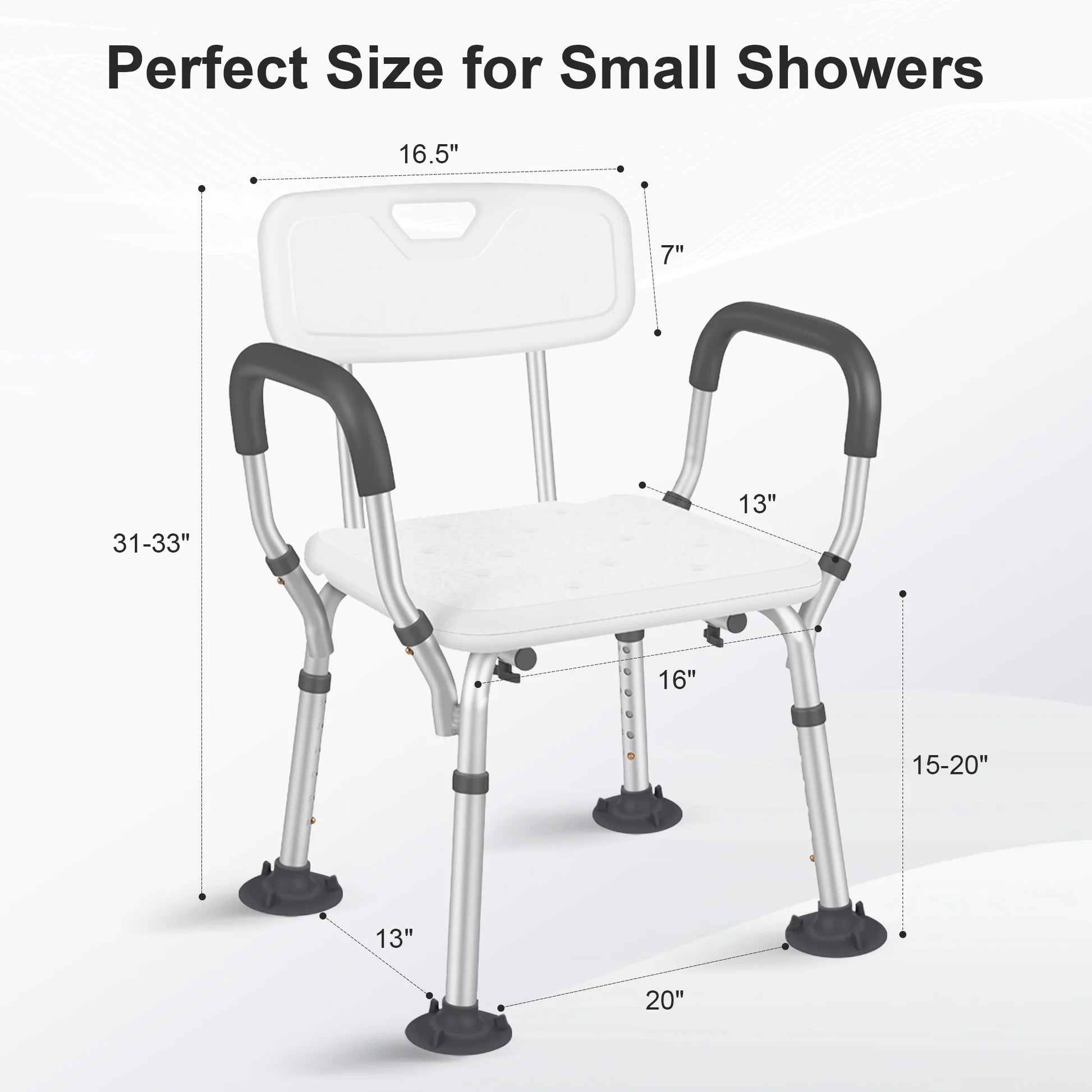 Measurement chart of a shower chair with dimensions on a white background

