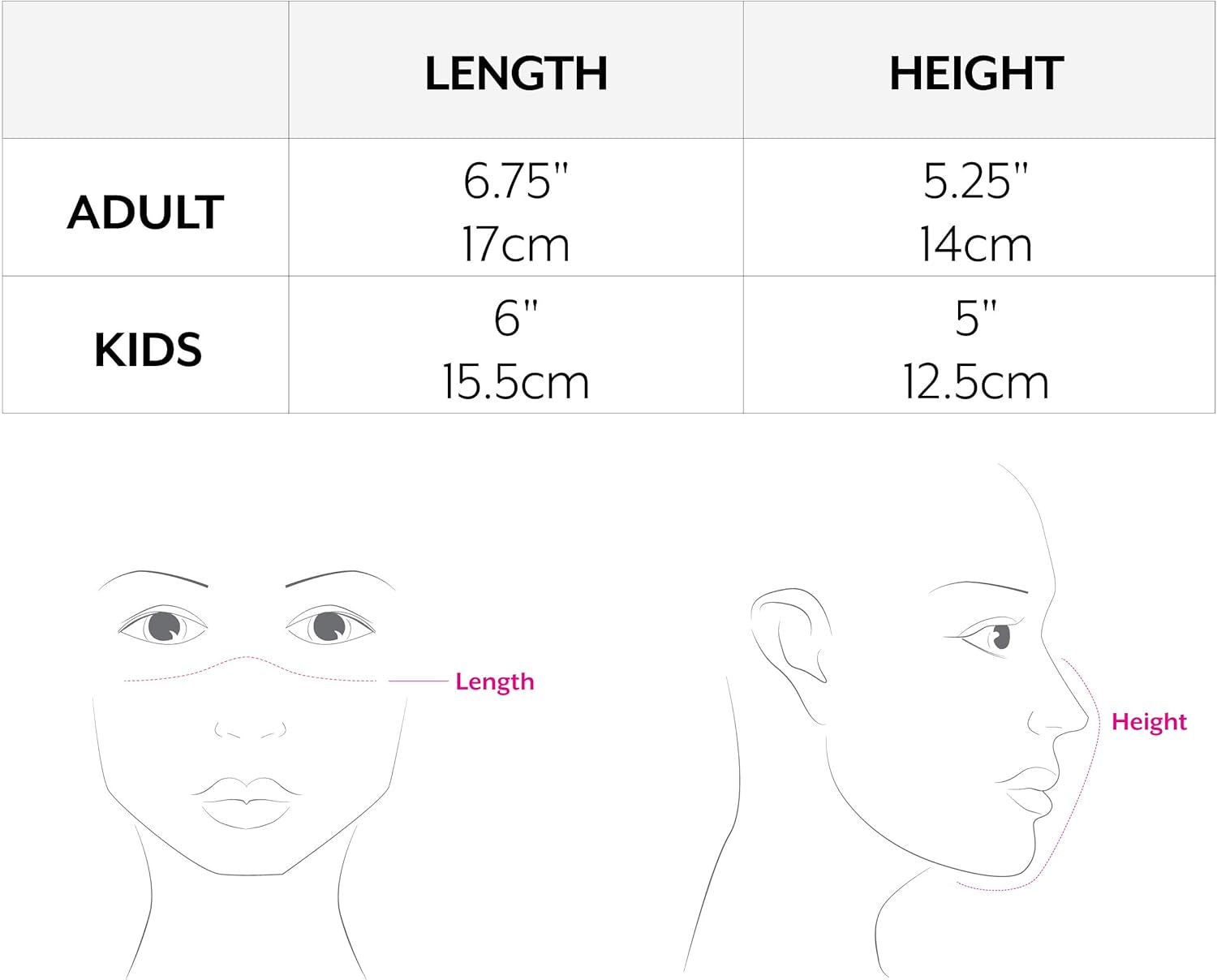 Measurement chart for length and height with face illustrations for adult and kids

