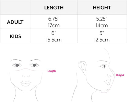 Measurement chart for length and height with face illustrations for adult and kids

