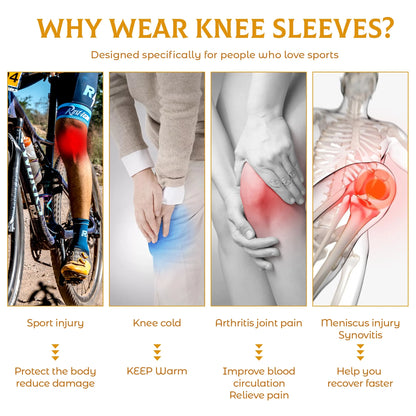 Promotional graphic about knee sleeves with images and text explaining their benefits for various conditions.

