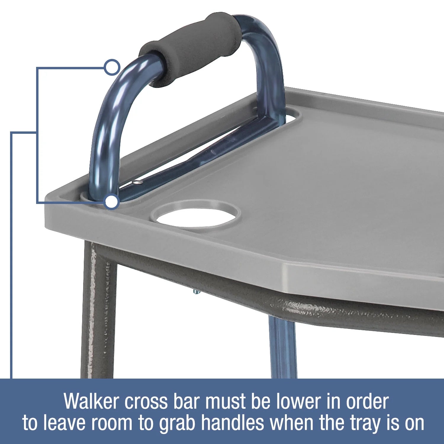 Gray tray with blue cross bar and black handles on a white background