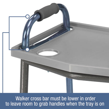 Gray tray with blue cross bar and black handles on a white background