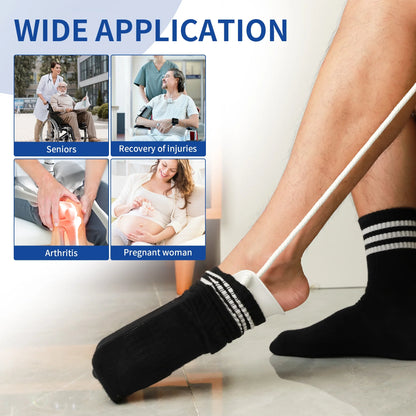 Person wearing black compression socks with text 'WIDE APPLICATION' and images of people using the product.