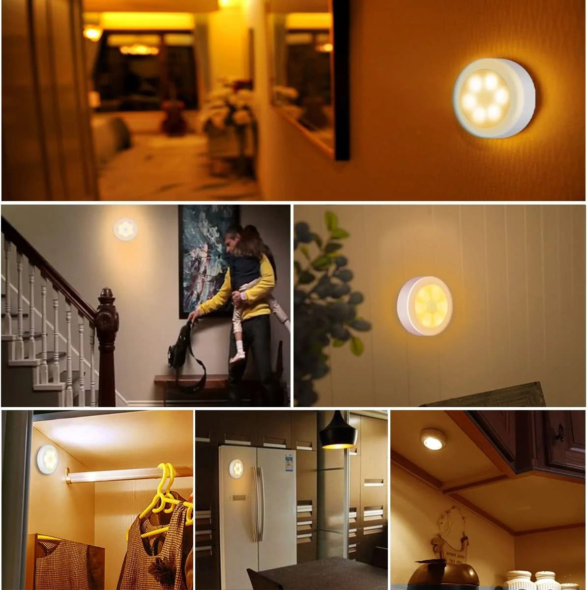 Collage of a night light in various settings, including a hallway, staircase, and room corners.

