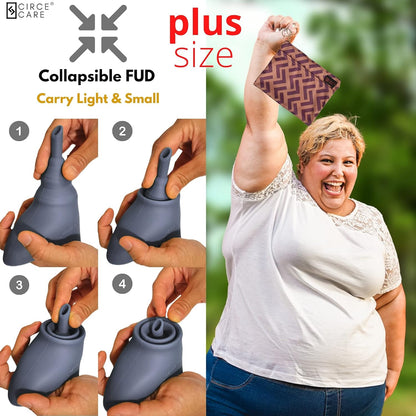Collapsible FUD product with step-by-step instructions and a plus-size woman holding a bag outdoors.

