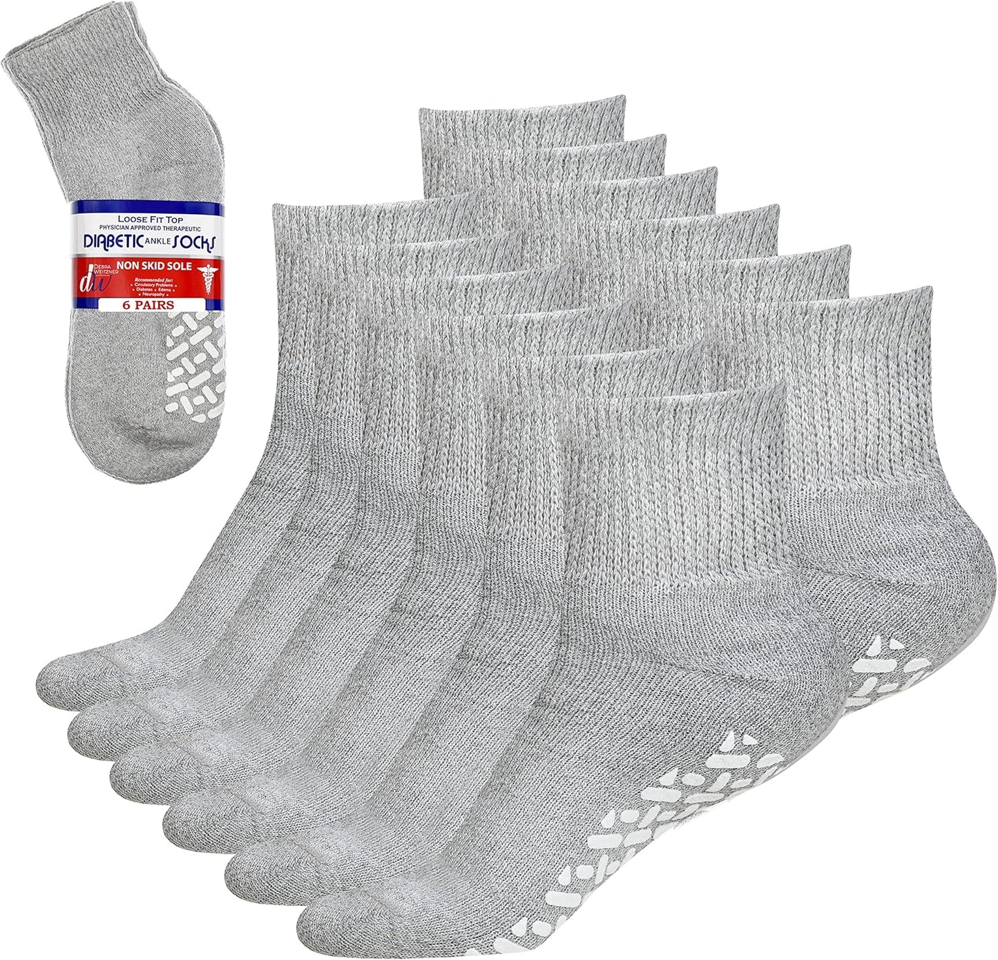 Set of gray diabetic socks with non-slip sole on a white background