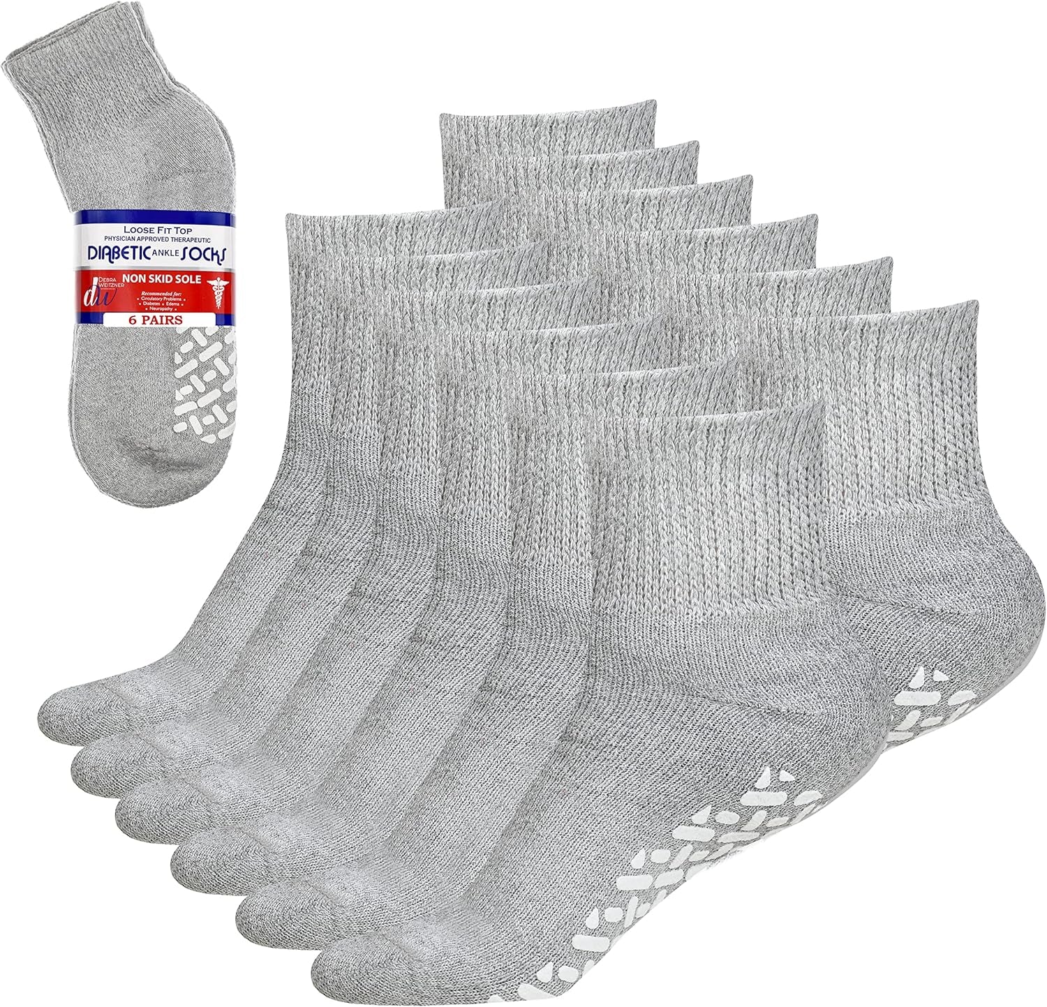Set of gray diabetic socks with non-slip sole on a white background
