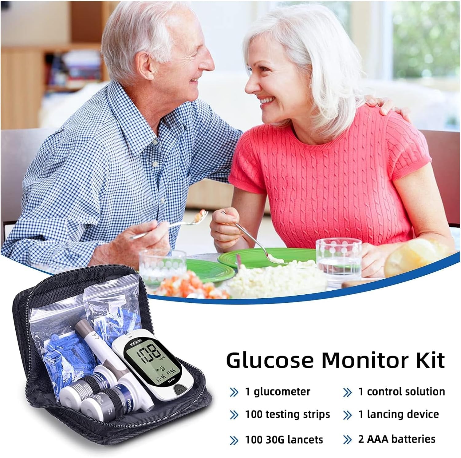 Glucose monitor kit with an elderly couple eating a meal in the background
