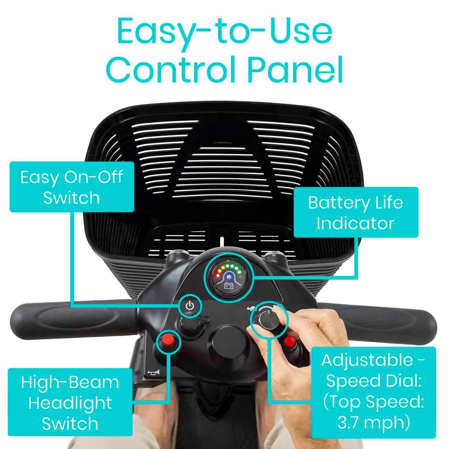 Control panel of a mobility scooter with labeled features on a white background