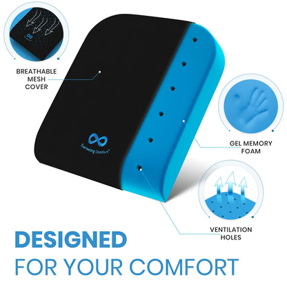 Blue and black ergonomic pillow with features highlighted on a white background

