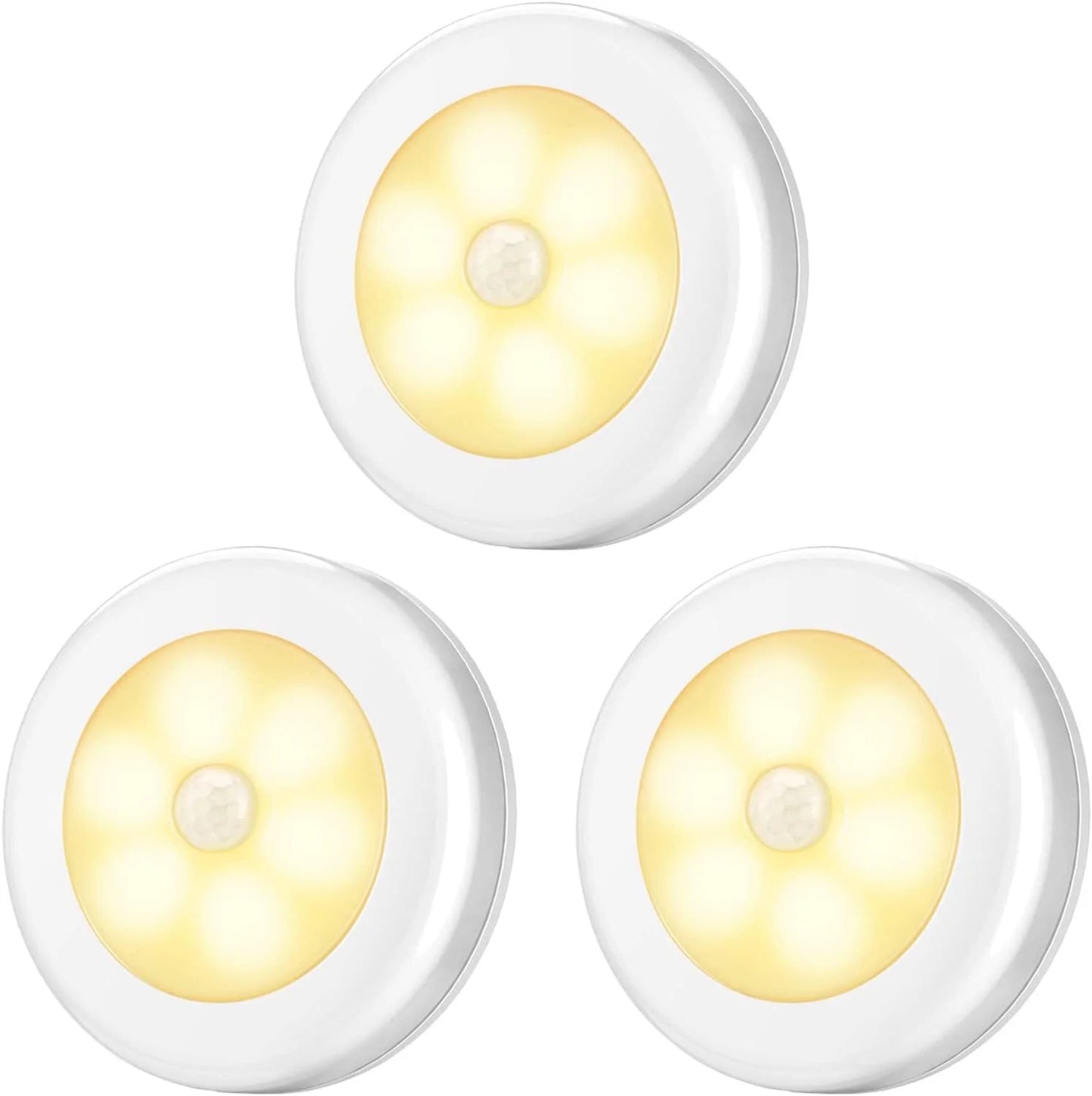 Three round white motion sensor lights with yellow LED lights on a white background

