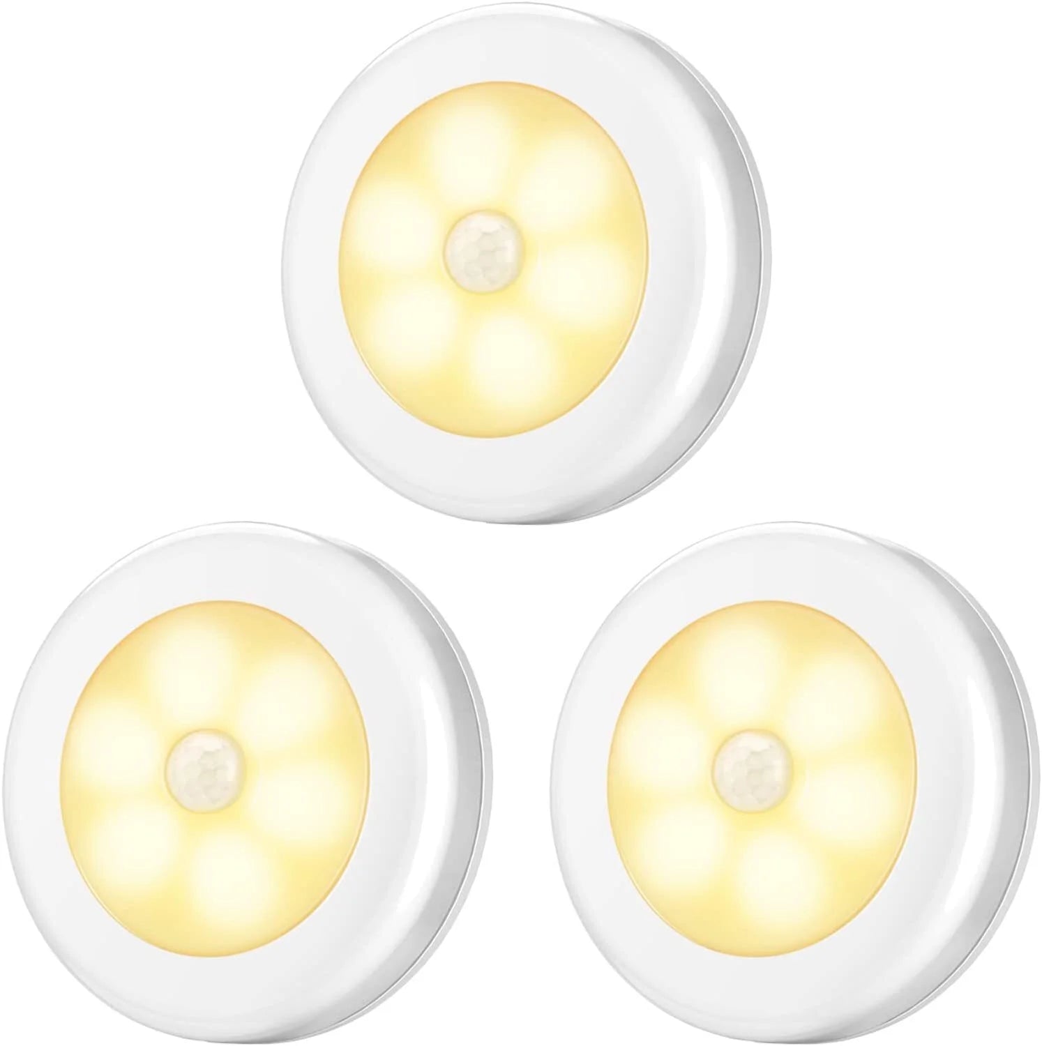 Three round white motion sensor lights with yellow LED lights on a white background

