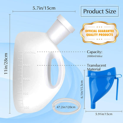 Measurement chart of a white container and blue funnel with dimensions and capacity details on a light blue background.

