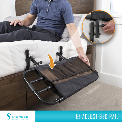 Person using an EZ Adjust Bed Rail on a bed with a close-up of the rail mechanism.


