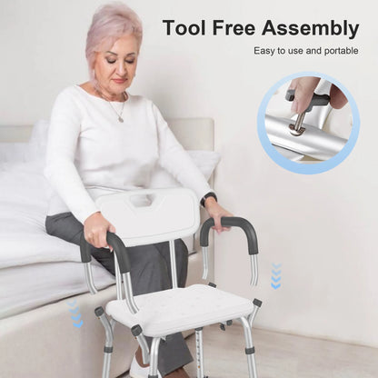 Woman using a tool-free assembly chair with a close-up of the assembly mechanism.


