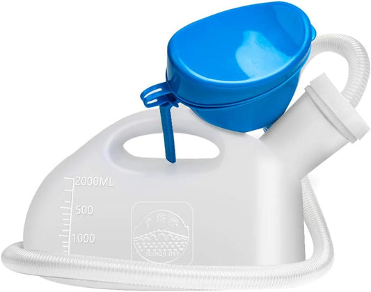 White plastic device with a blue funnel-like top on a white background

