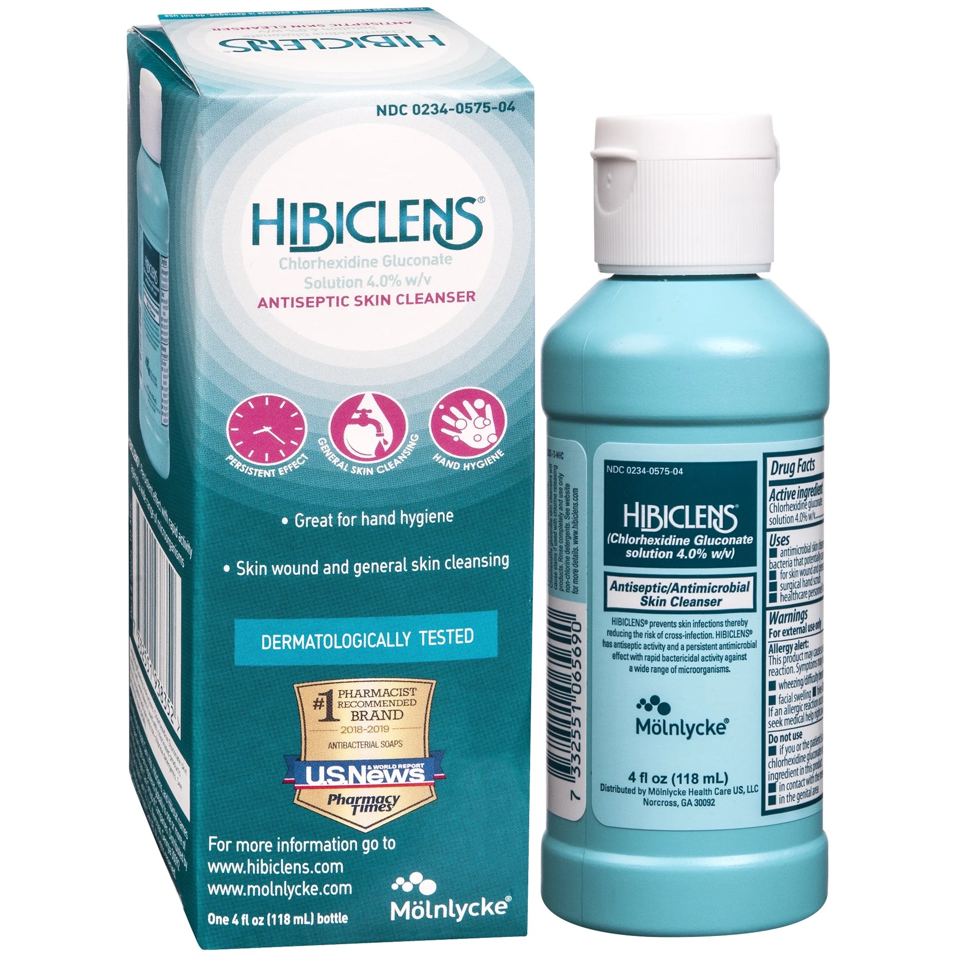 Hibiclens antiseptic skin cleanser packaging and bottle on a white background


