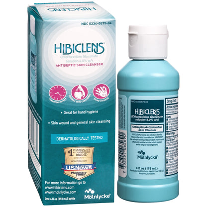 Hibiclens antiseptic skin cleanser packaging and bottle on a white background

