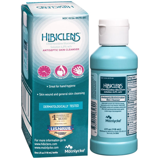 Hibiclens antiseptic skin cleanser packaging and bottle on a white background

