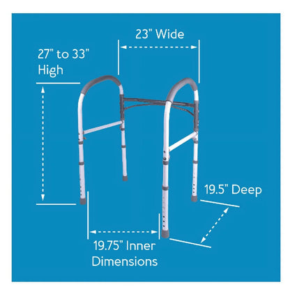 Carex toilet safety rails packaging with product features including 300 lb capacity, adjustable width, and padded handles.