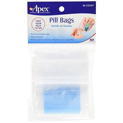 Pack of Apex pill bags with a clear window showing the product inside.

