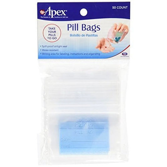 Pack of Apex pill bags with a clear window showing the product inside.

