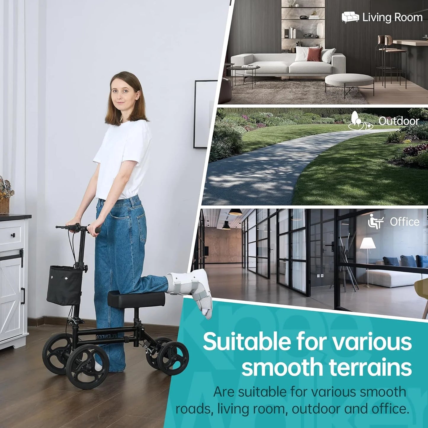 Woman using a knee walker with lifestyle images of living room, outdoor path, and office.

