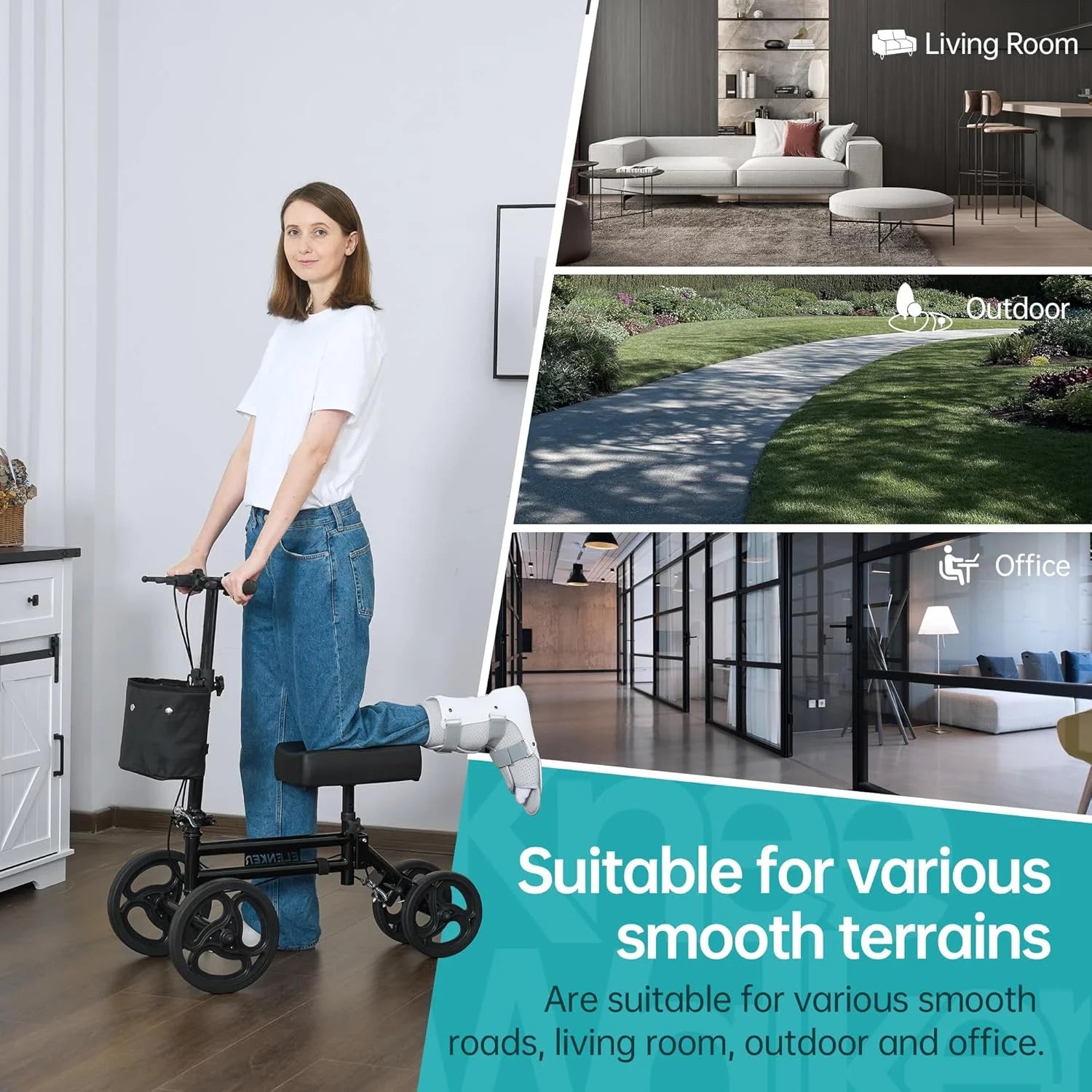 Woman using a knee walker with lifestyle images of living room, outdoor path, and office.

