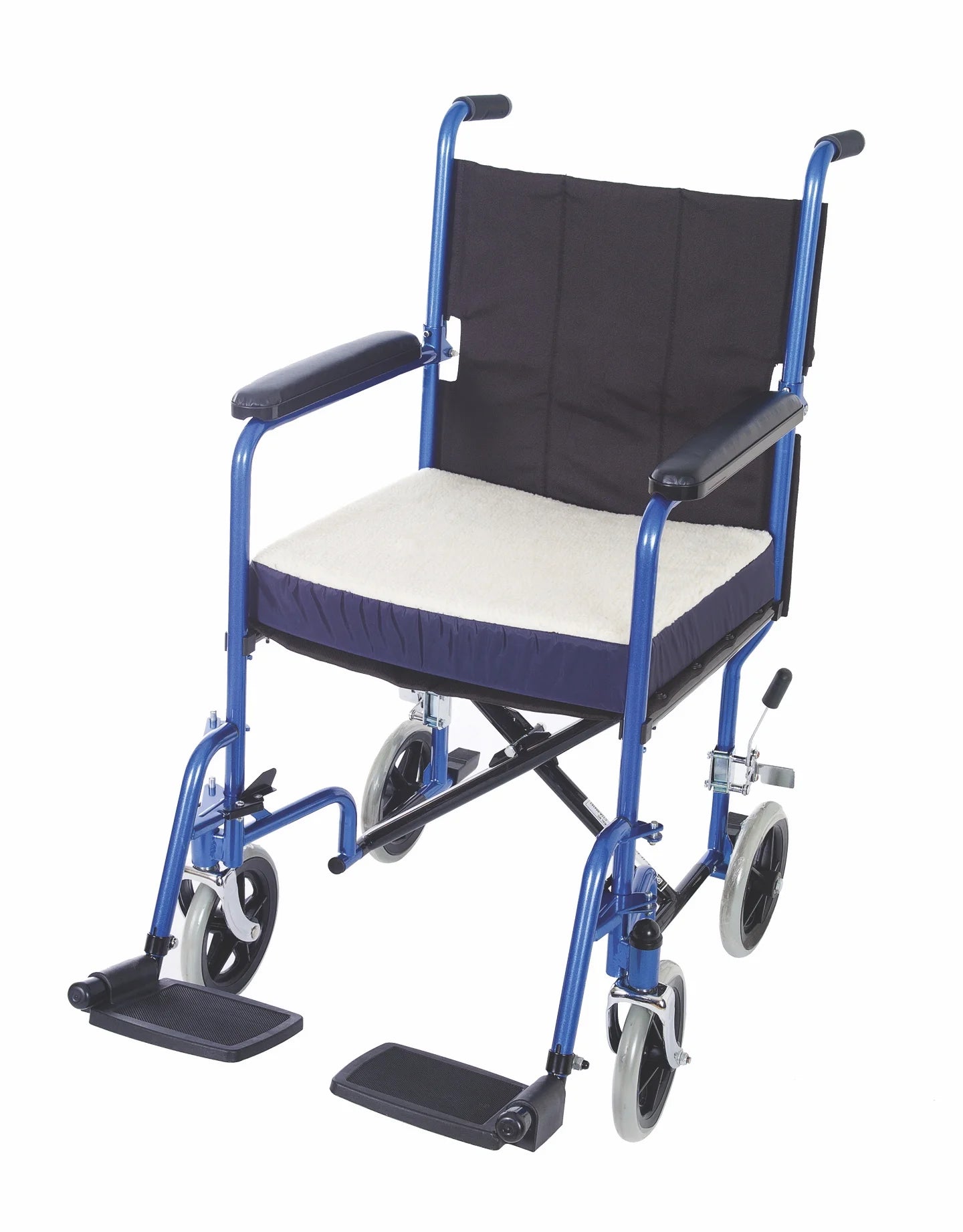 Blue manual wheelchair with black seat cover on a white background

