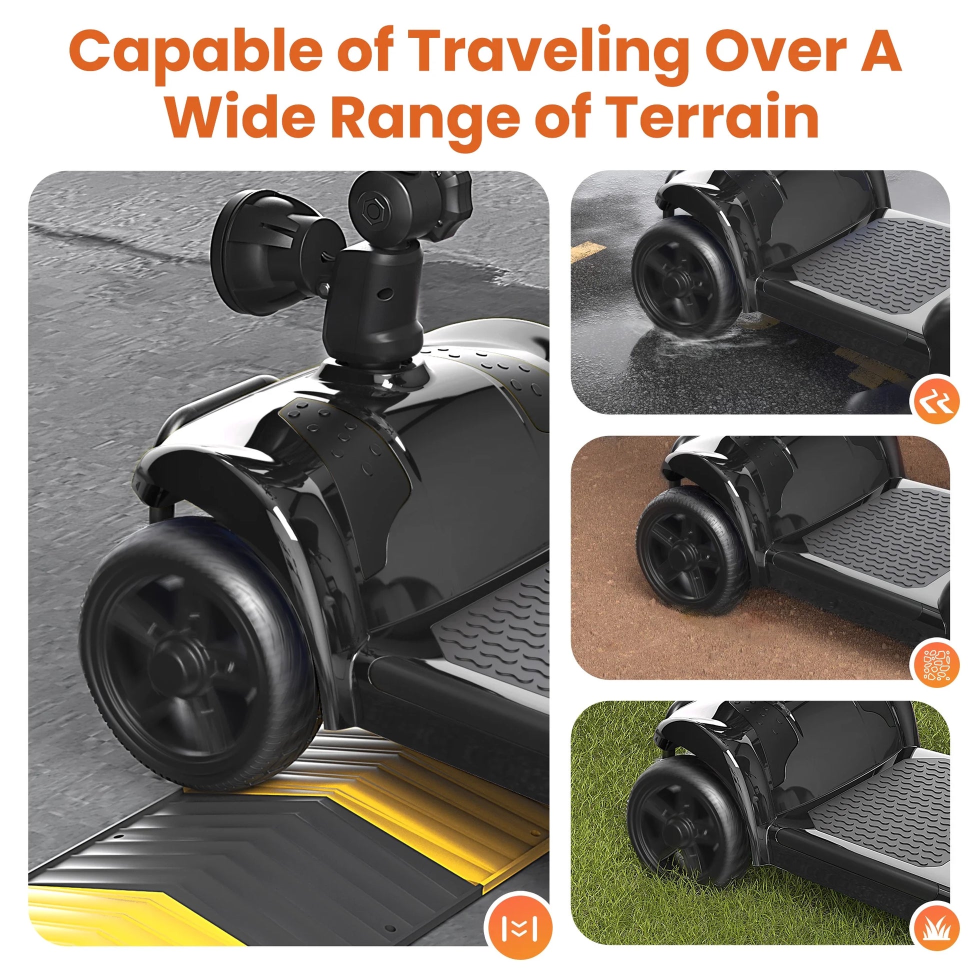 Black scooter with large wheels on various terrains