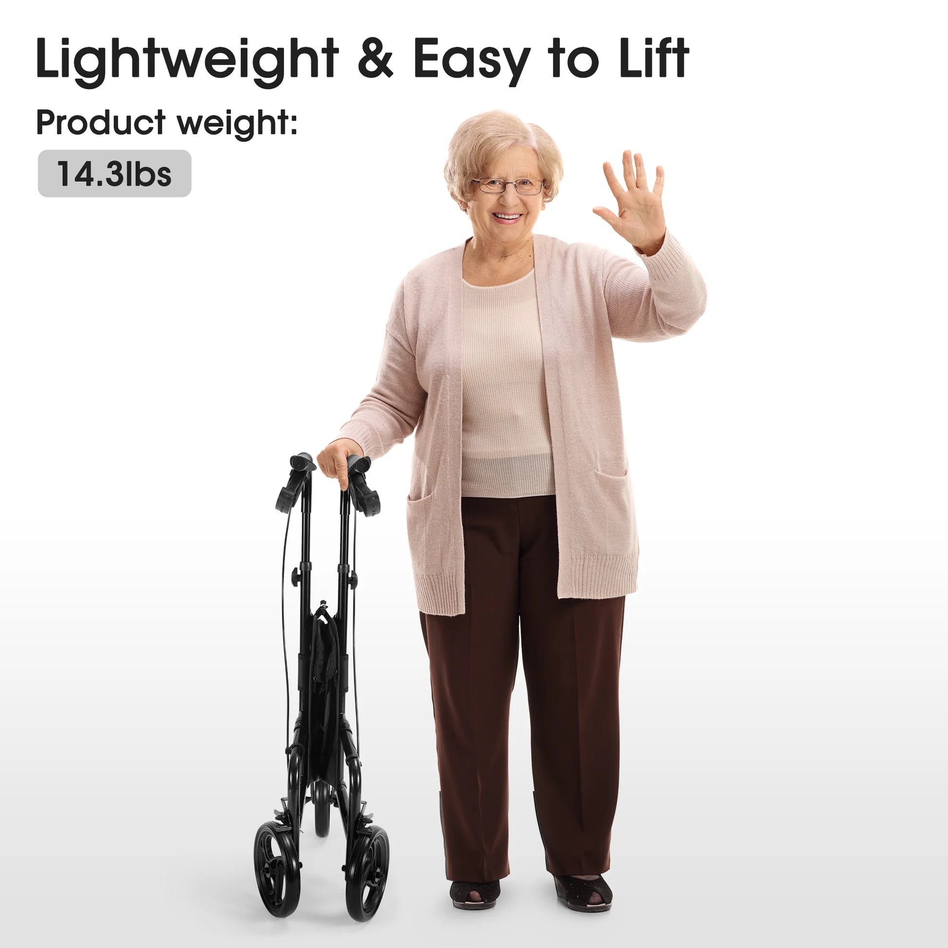 Woman with a walker on a white background, highlighting the product's weight.