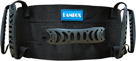 Black portable speaker with 'LAMBOX' branding on a black background

