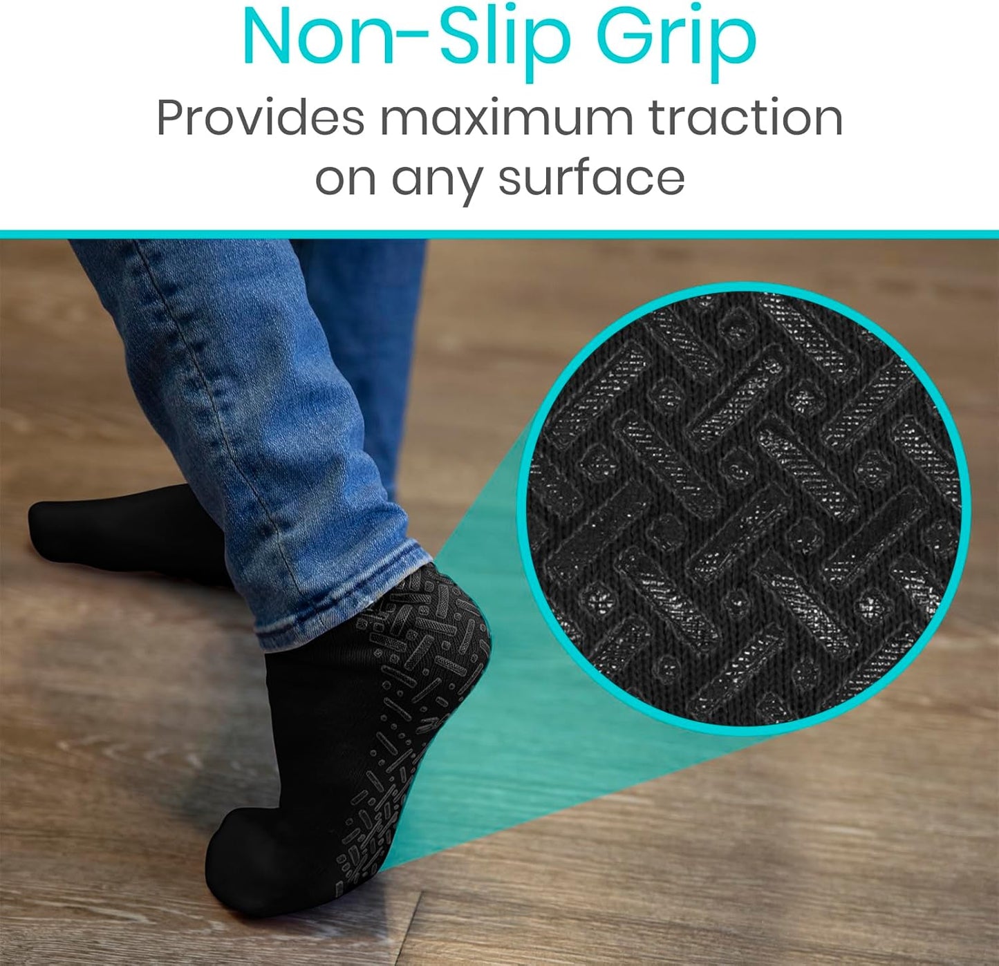 Person wearing black socks with non-slip grip on a wooden floor, close-up of sock sole showing texture.