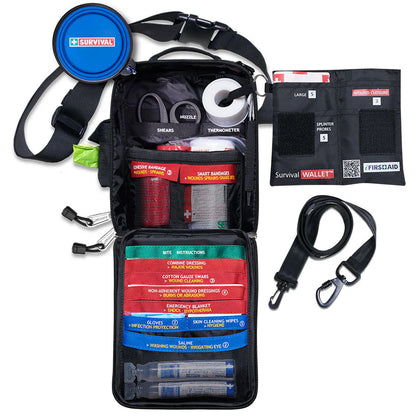 Open first aid kit with various supplies and a survival wallet on a white background

