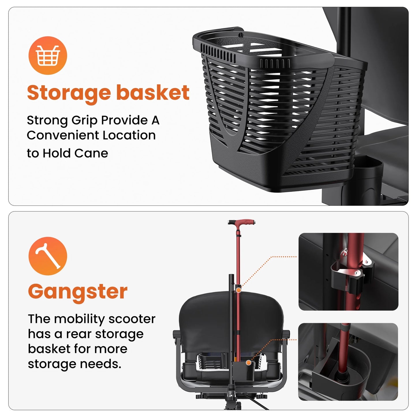 Storage basket for mobility scooter with text highlighting its features