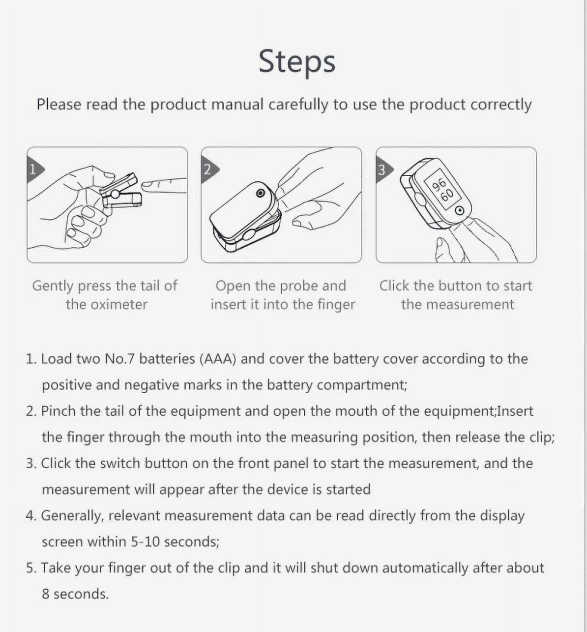 Instructions for using a digital oximeter with step-by-step illustrations and text.