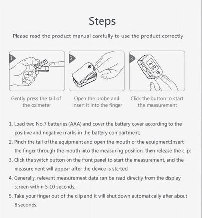 Instructions for using a digital oximeter with step-by-step illustrations and text.
