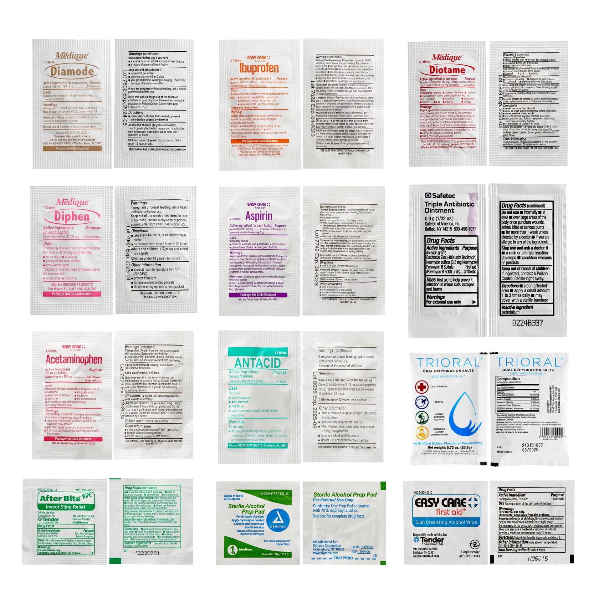 Collection of various medication packets on a white background

