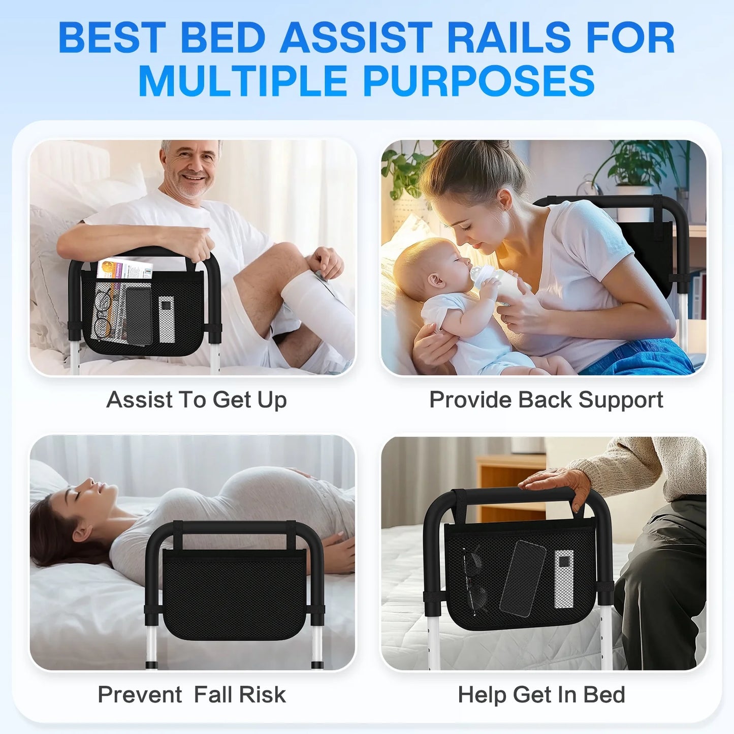 Bed Rails for Elderly Adults Safety with Leg Adjustable, Bed Cane for Seniors with Free Storage Bag and Fixing Strap