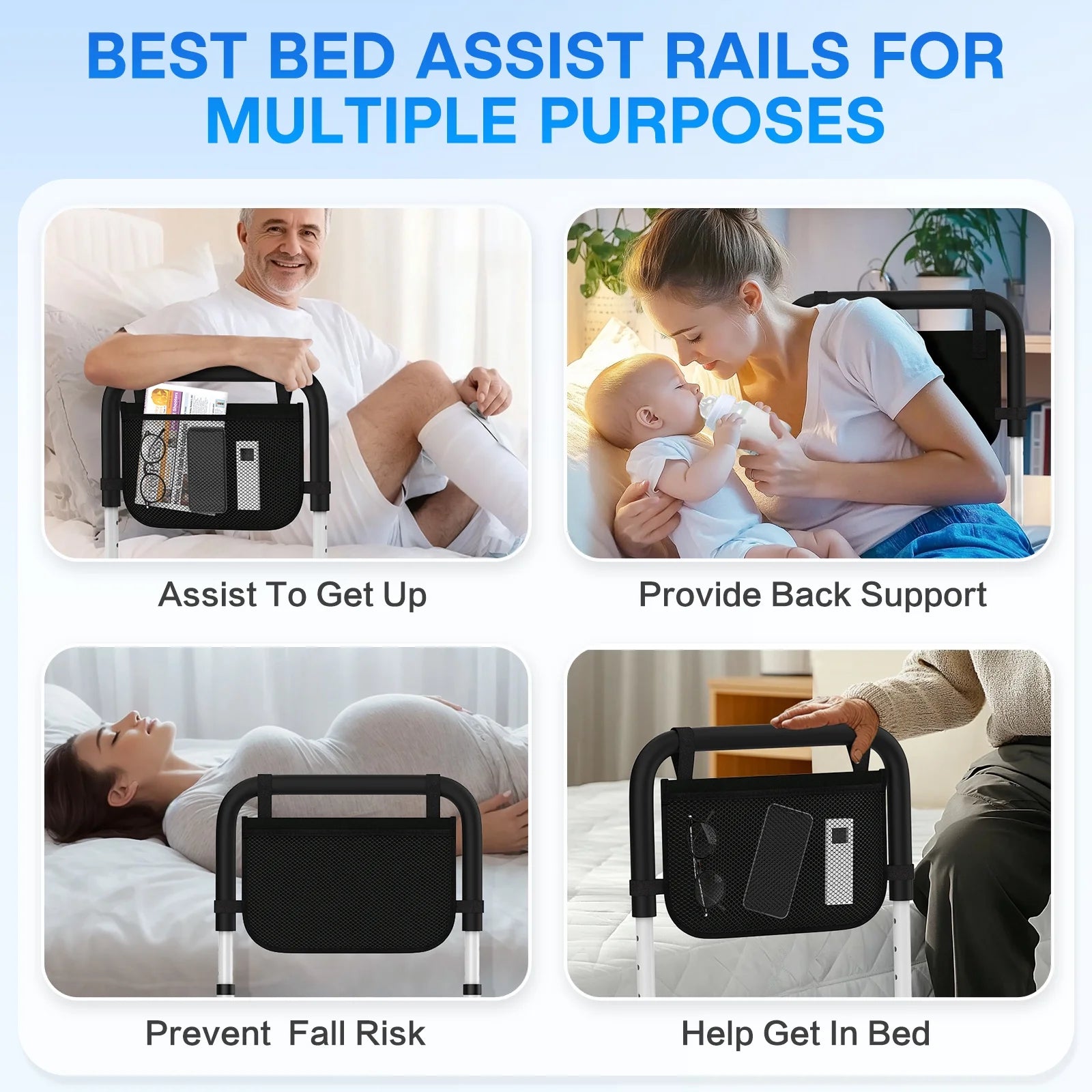 Bed Rails for Elderly Adults Safety with Leg Adjustable, Bed Cane for Seniors with Free Storage Bag and Fixing Strap