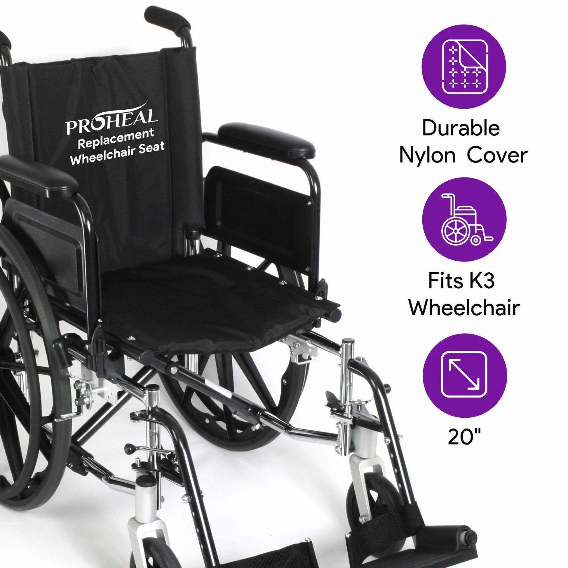 Wheelchair with a black cover labeled 'ProHeal' on a white background

