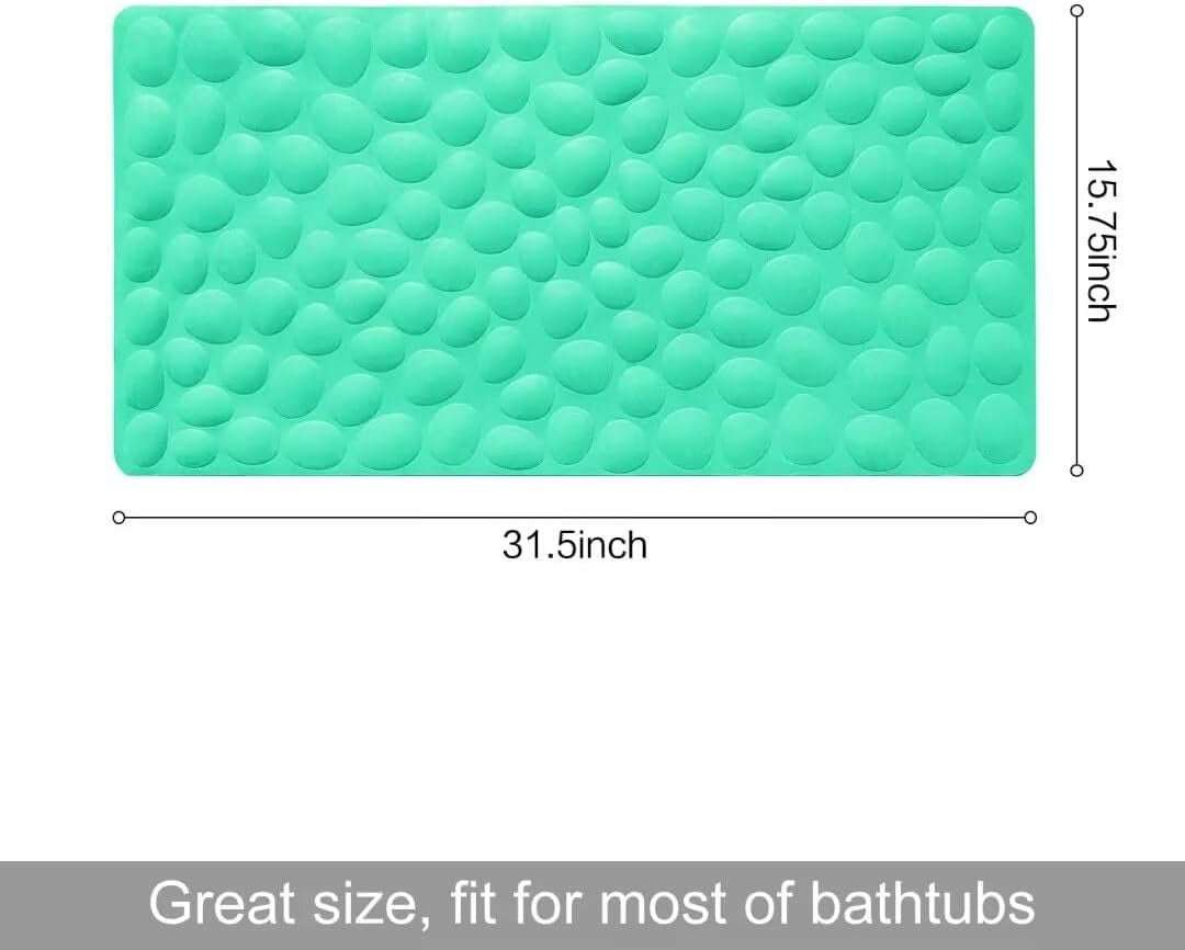 Turquoise bath mat with measurements on a white background
