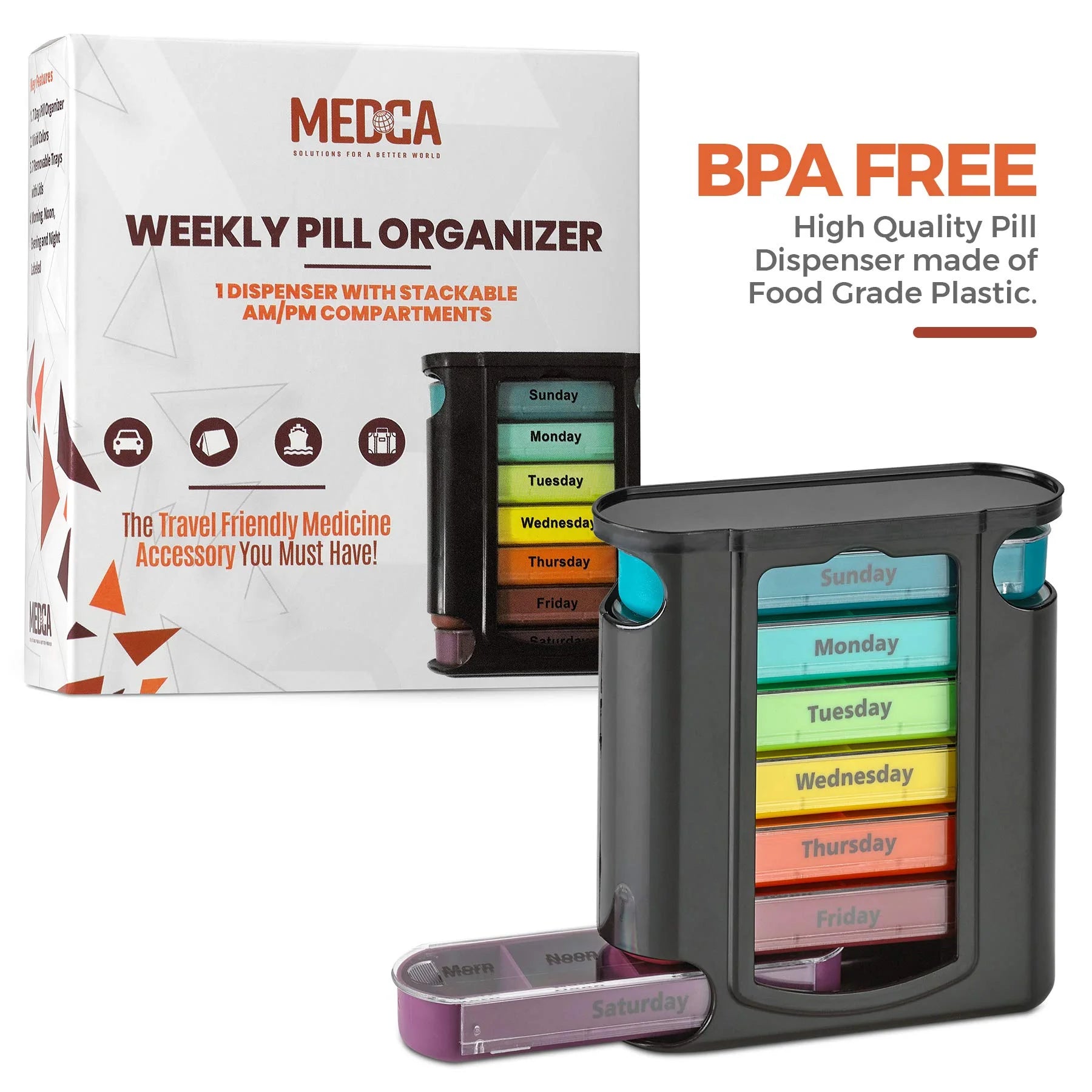 Weekly pill organizer with colorful compartments and Medca packaging on a white background

