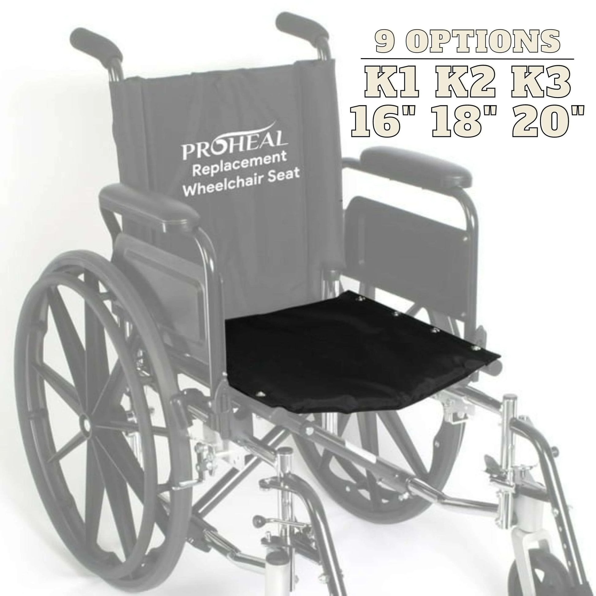 Wheelchair with ProHeal replacement wheelchair seat on a white background


